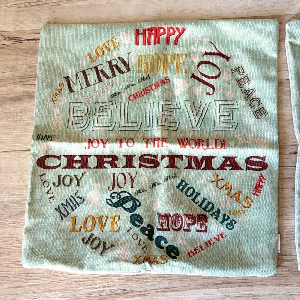2 Vtg Merry Christmas Concept Words Pillow Cushion Cover Decorative 18x18 Cotton